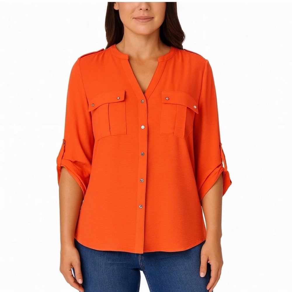 Calvin Klein Roll Tab Sleeves Orange Button Up Large‎ Office Fall Career Bright